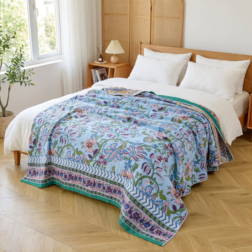 Vintage Floral Reversible Jacquard Cotton Bedspread - lifestyle
