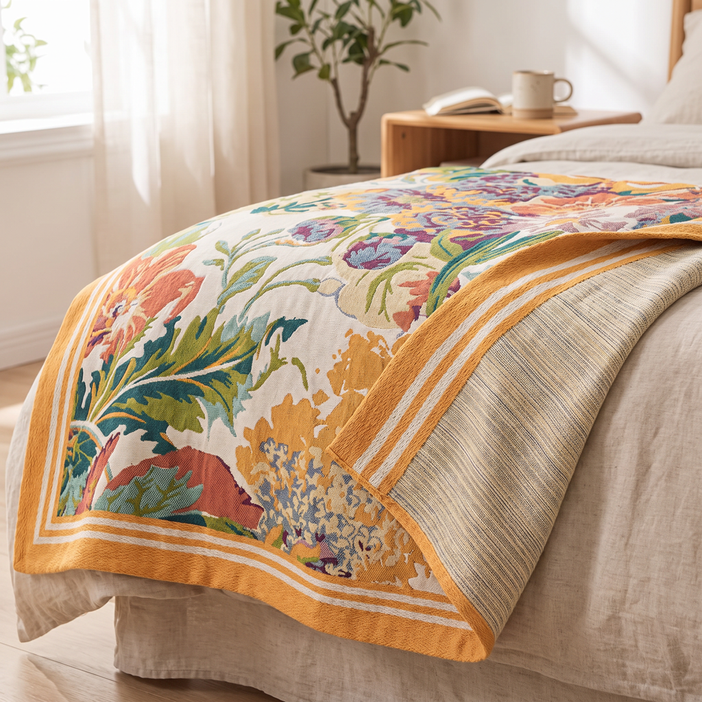 Mid-Century Bouquet Reversible Jacquard Blanket with Wide Border - lifestyle