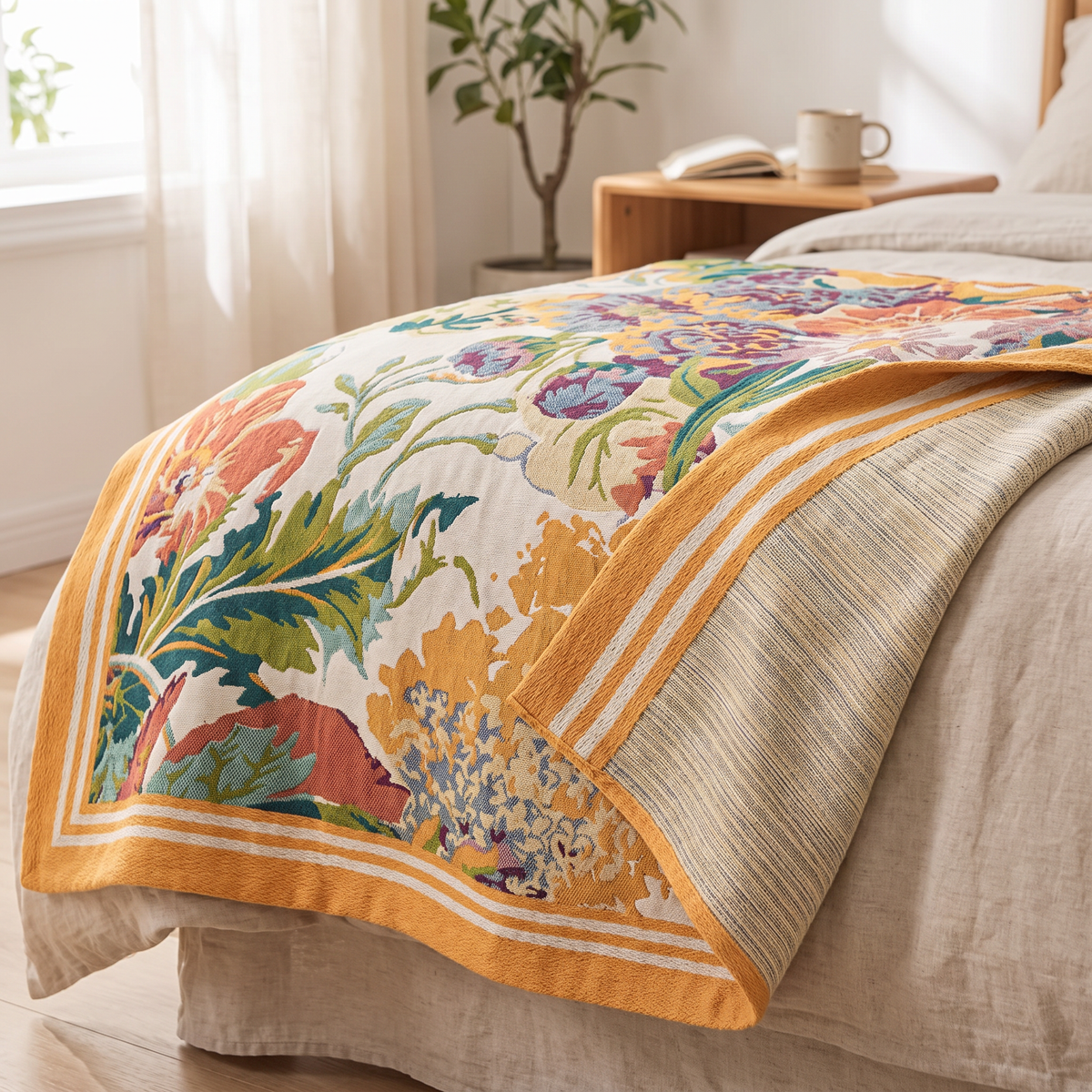 Mid-Century Bouquet Reversible Jacquard Blanket with Wide Border - lifestyle