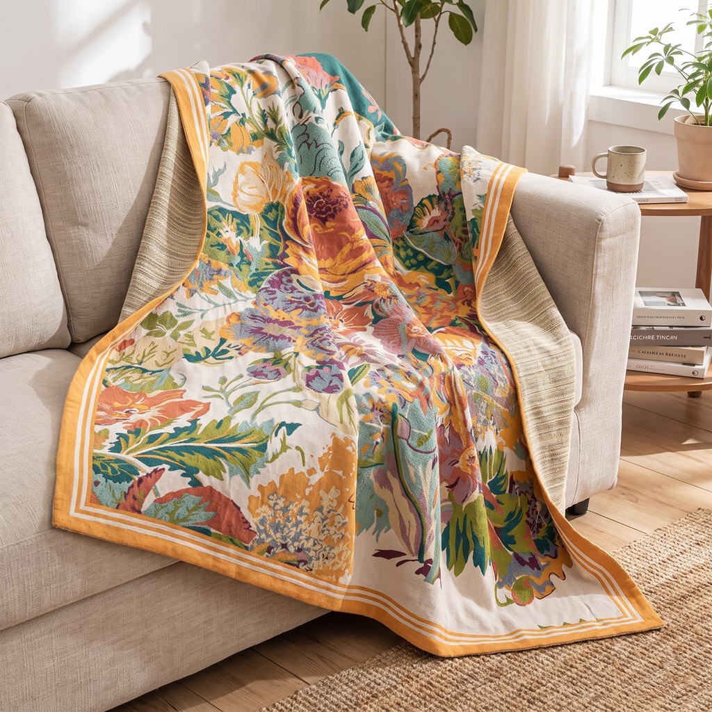 Mid-Century Bouquet Reversible Jacquard Blanket with Wide Border - lifestyle