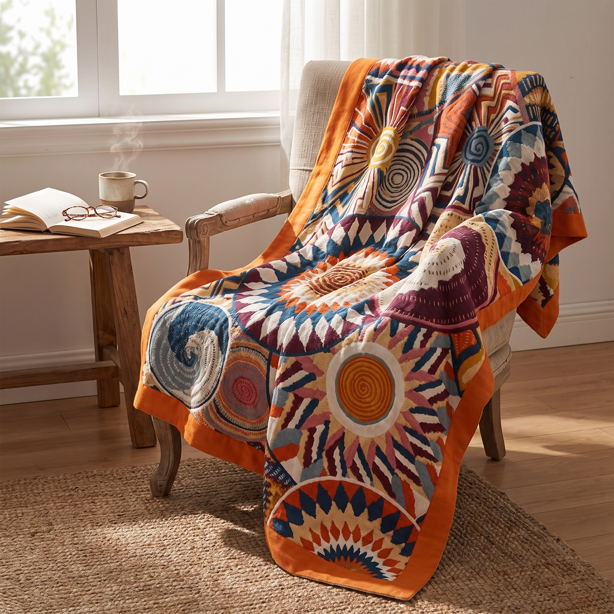 Retro Sunburst Circle Cotton Blanket - lifestyle