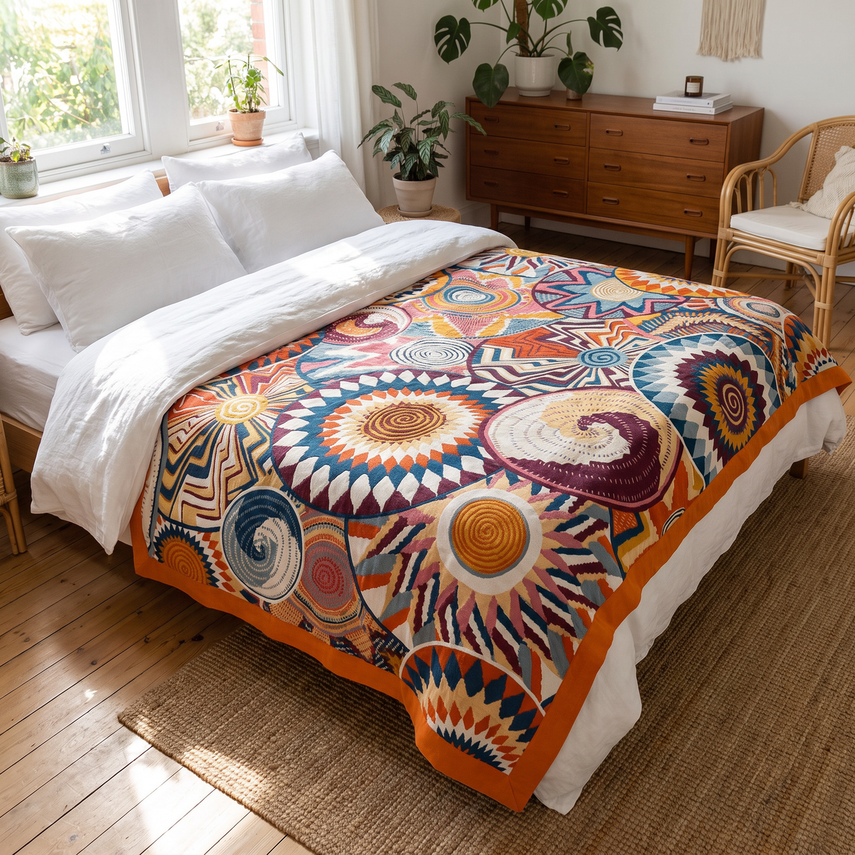 Retro Sunburst Circle Cotton Blanket - lifestyle