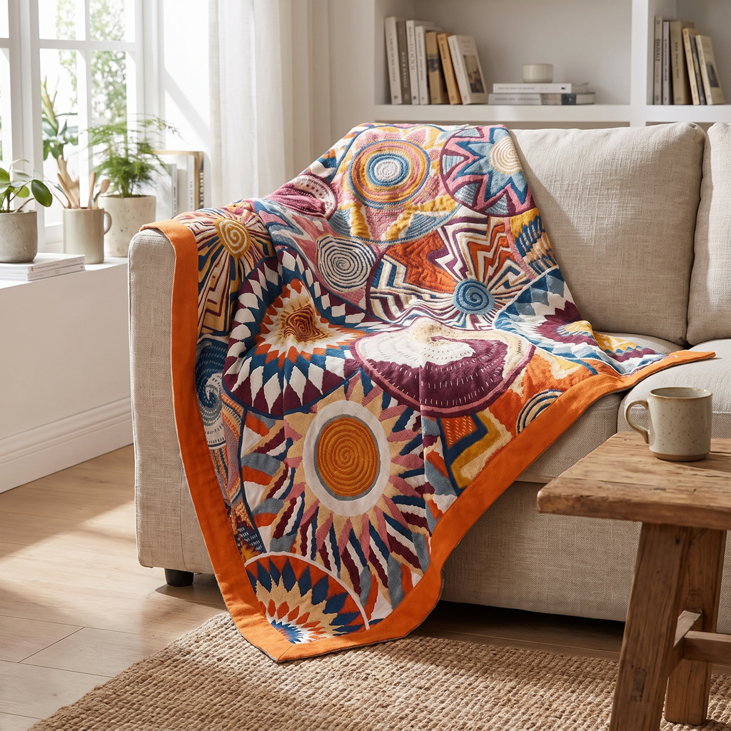 Retro Sunburst Circle Cotton Blanket - lifestyle