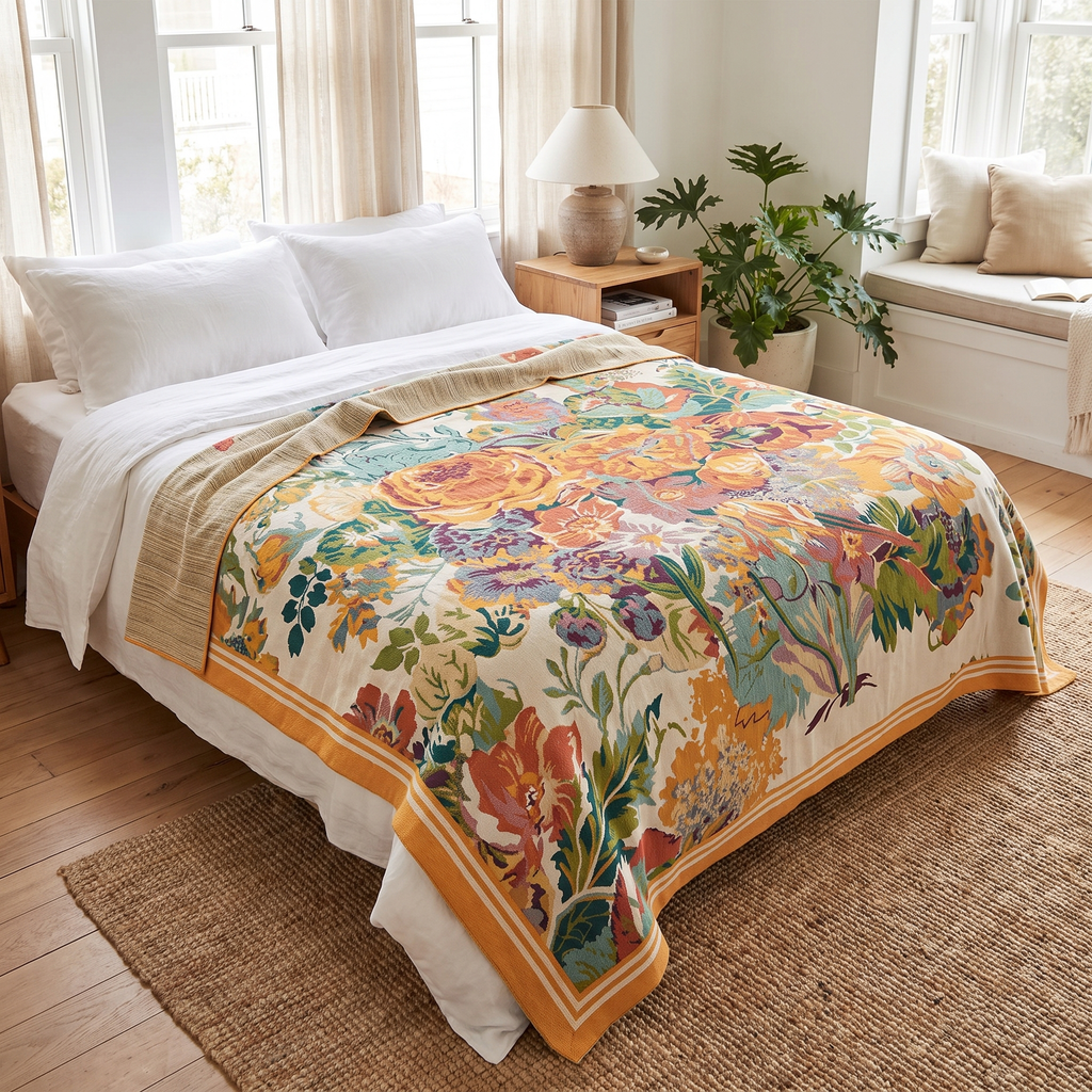Mid-Century Bouquet Reversible Jacquard Blanket with Wide Border - lifestyle