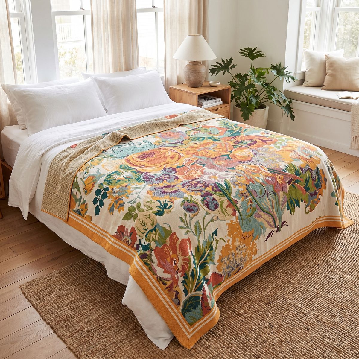 Mid-Century Bouquet Reversible Jacquard Blanket with Wide Border - lifestyle