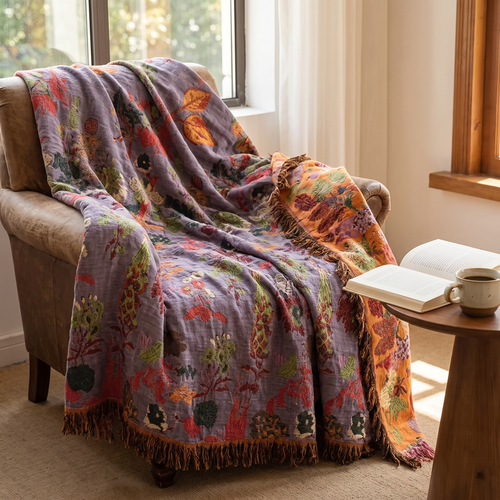 Folk Floral Reversible Jacquard Cotton Blanket with Tassels - lifestyle