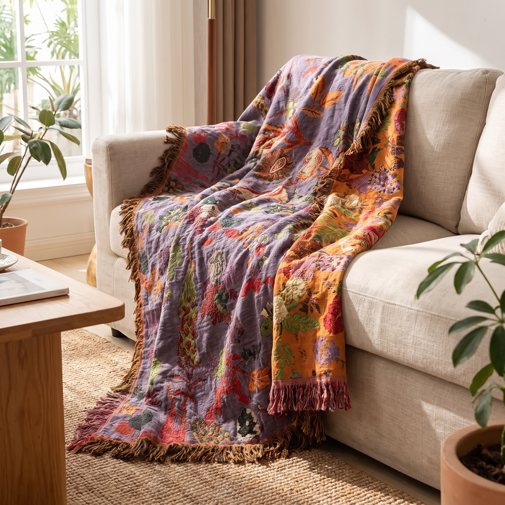 Folk Floral Reversible Jacquard Cotton Blanket with Tassels - lifestyle