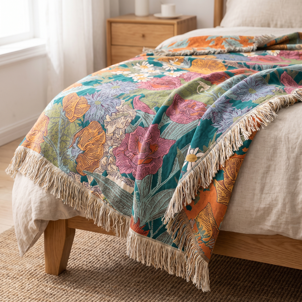 Floral Patchwork Cotton Blanket with Tassels - lifestyle
