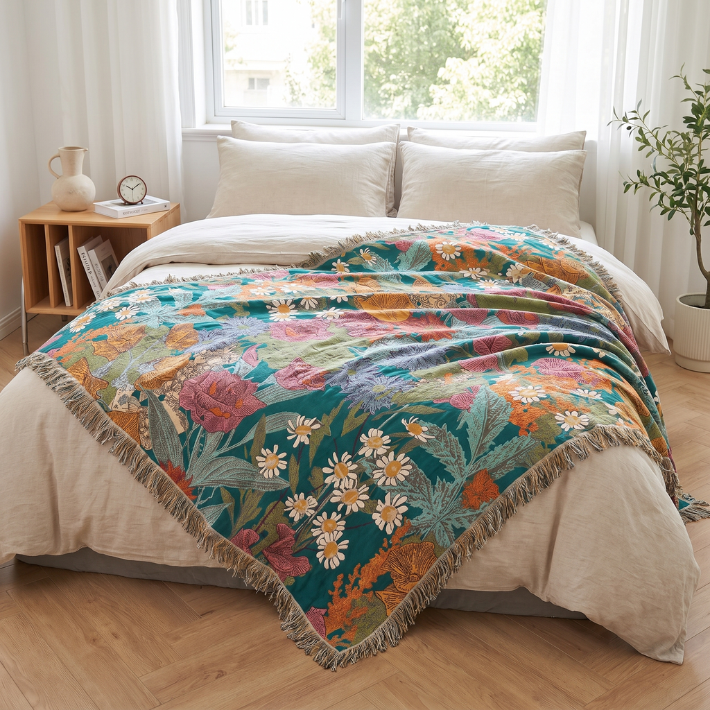 Floral Patchwork Cotton Blanket with Tassels - lifestyle