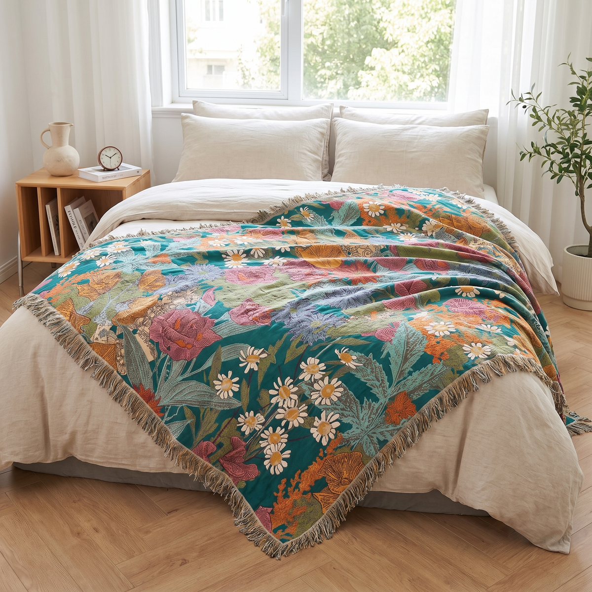 Floral Patchwork Cotton Blanket with Tassels - lifestyle