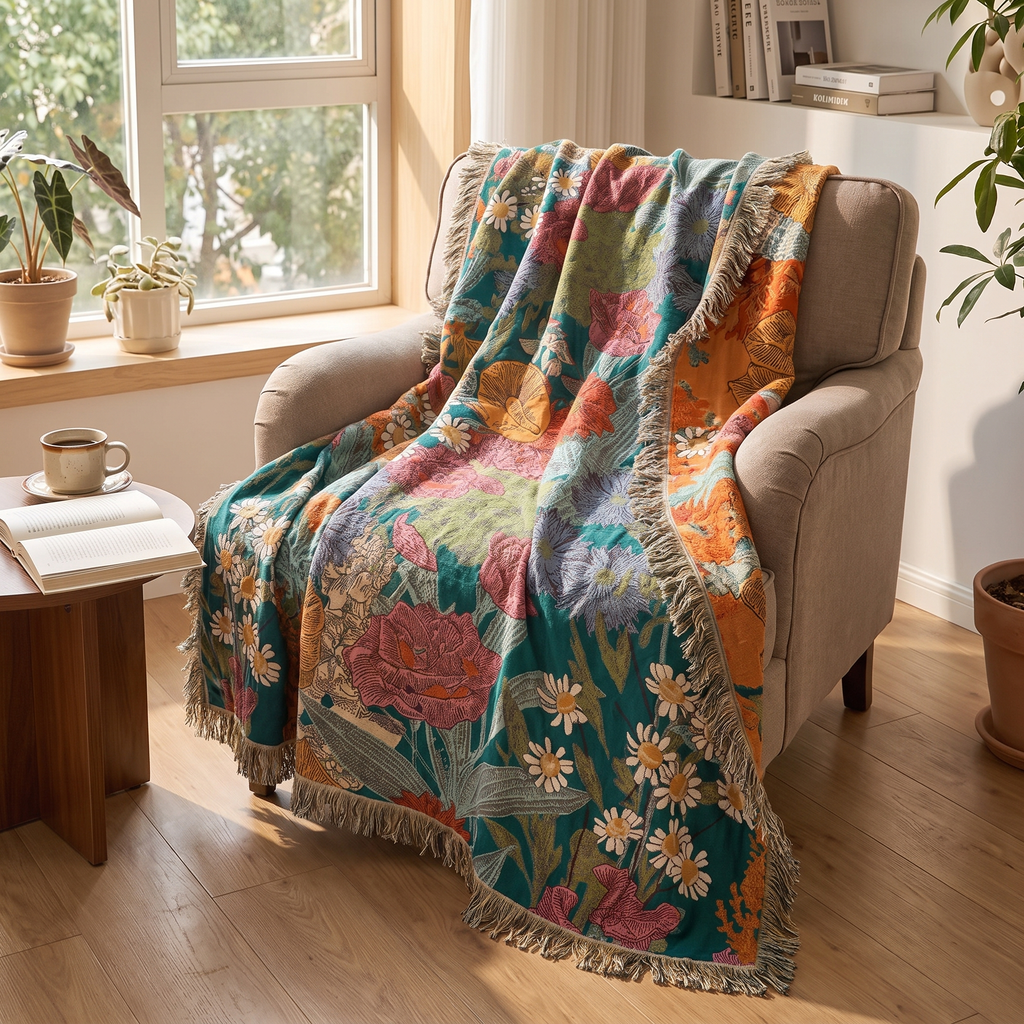 Floral Patchwork Cotton Blanket with Tassels - lifestyle