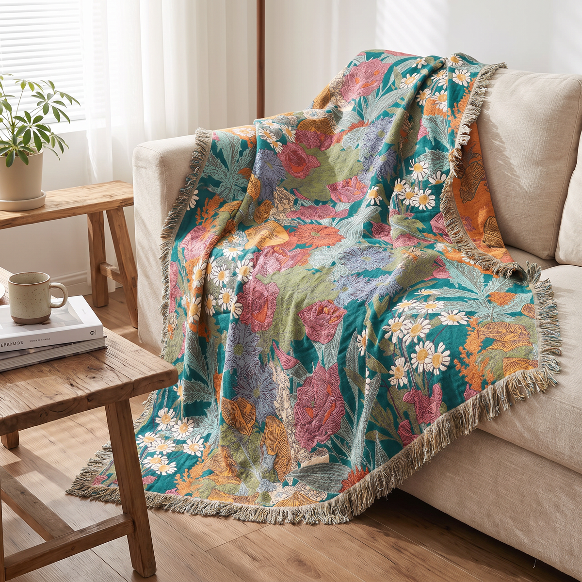 Floral Patchwork Cotton Blanket with Tassels - lifestyle