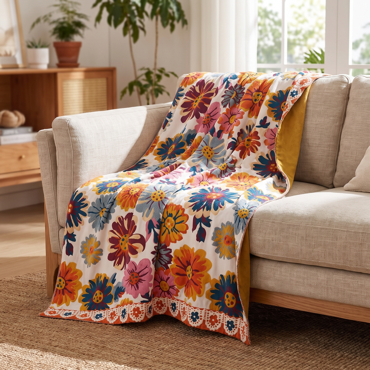Bold Daisy Reversible Organic Cotton Blanket - lifestyle