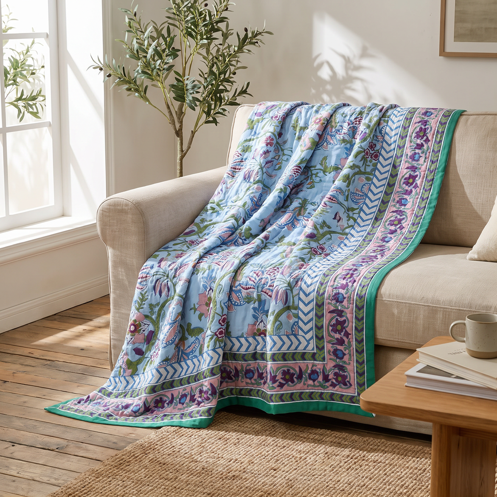 Vintage Floral Reversible Jacquard Cotton Bedspread - lifestyle