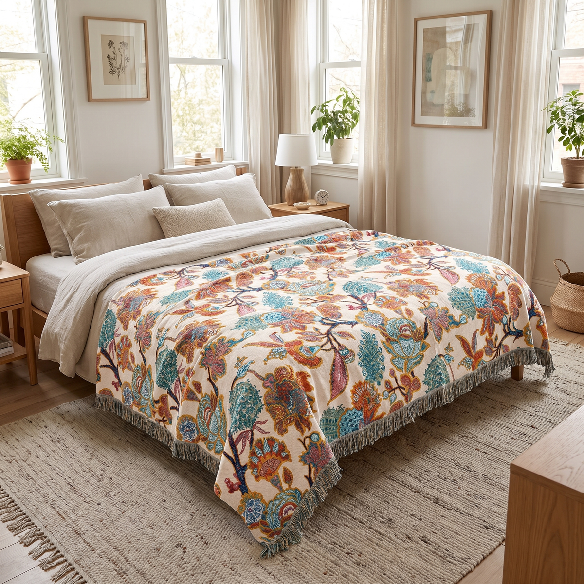 Jacobean Floral Woven Cotton Blanket - lifestyle