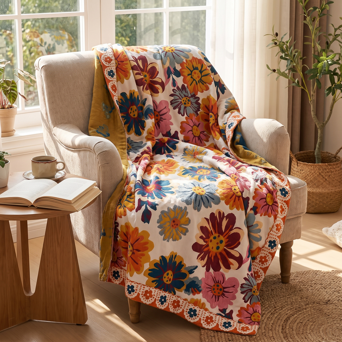 Bold Daisy Reversible Organic Cotton Blanket - lifestyle