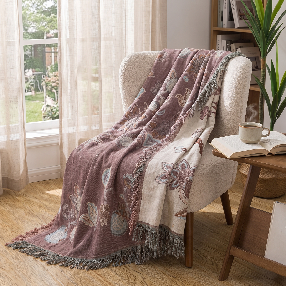 Trailing Orchid Jacquard Cotton Bed Blanket with Tassels - lifestyle