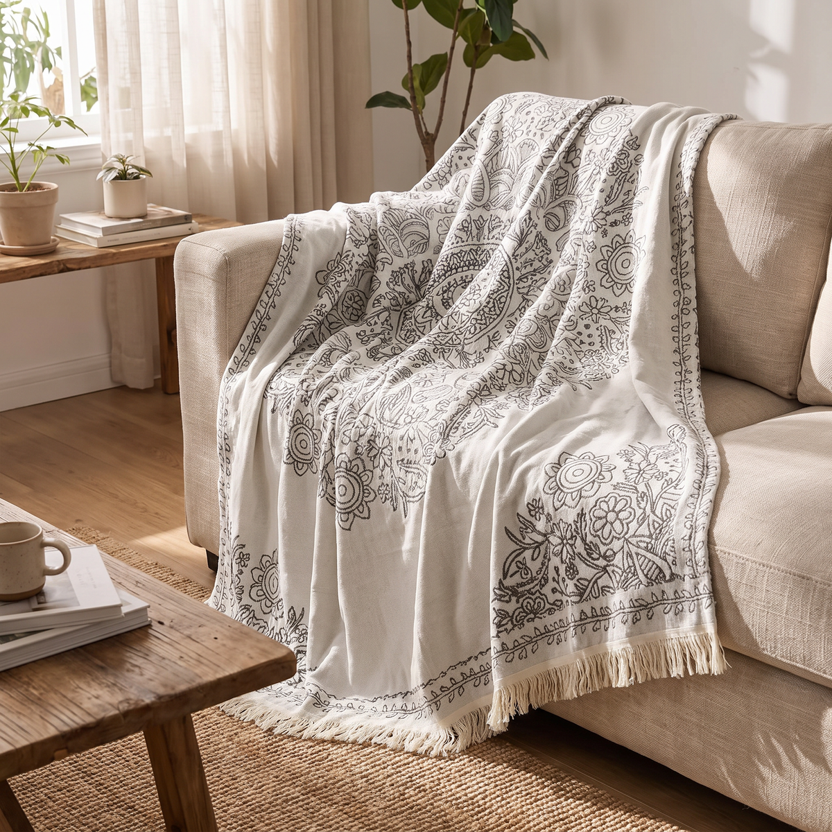 Line-Art Medallion Reversible Woven Cotton Jacquard Blanket - lifestyle