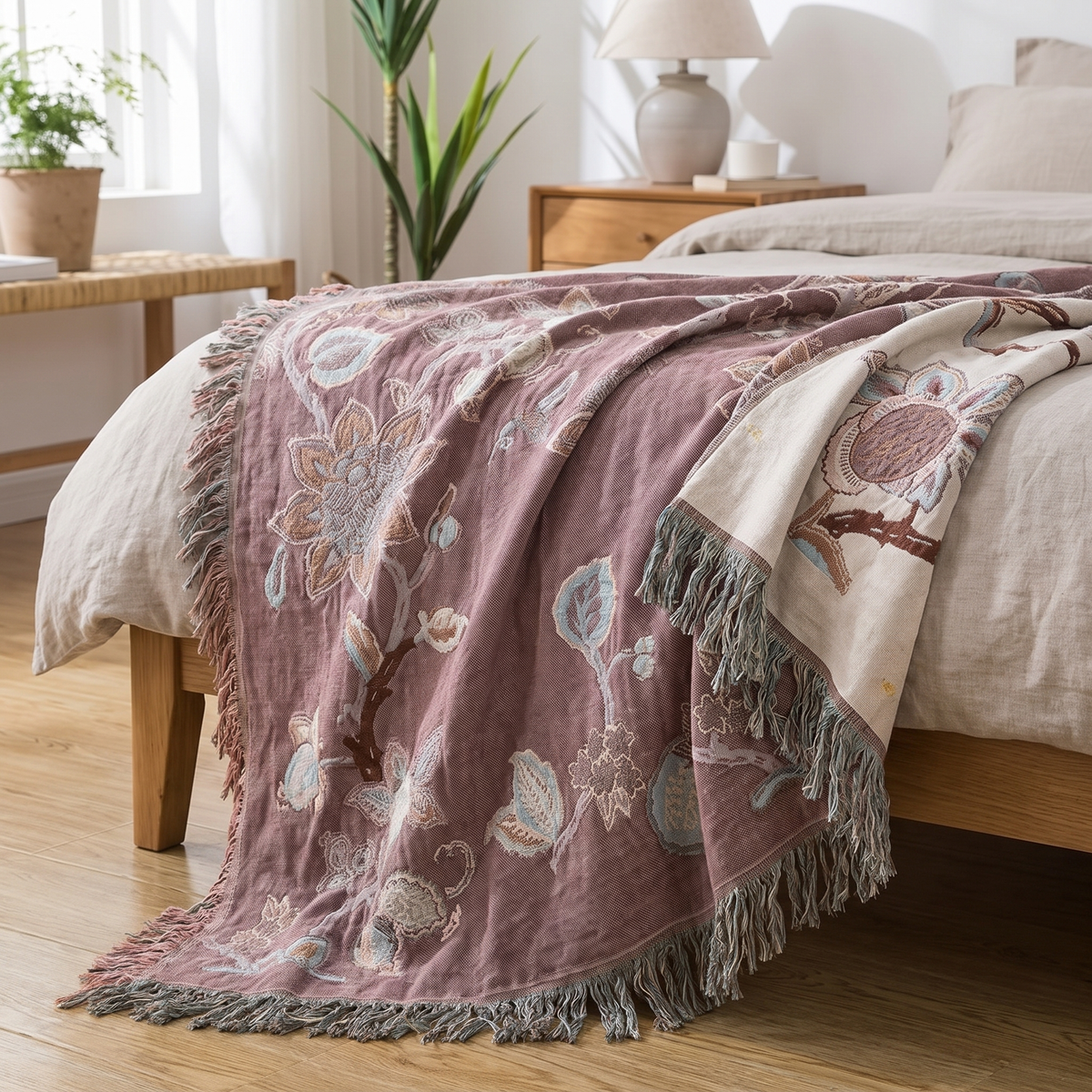 Trailing Orchid Jacquard Cotton Bed Blanket with Tassels - lifestyle