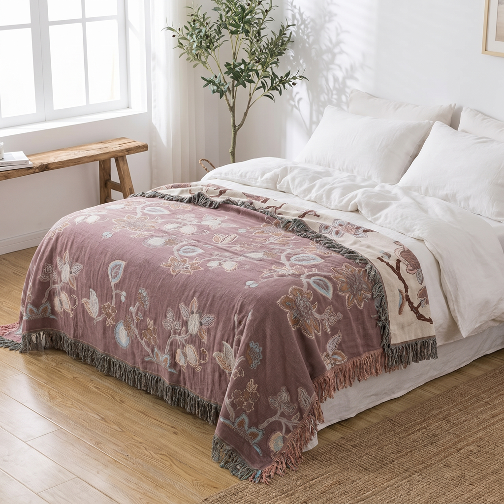 Trailing Orchid Jacquard Cotton Bed Blanket with Tassels - lifestyle