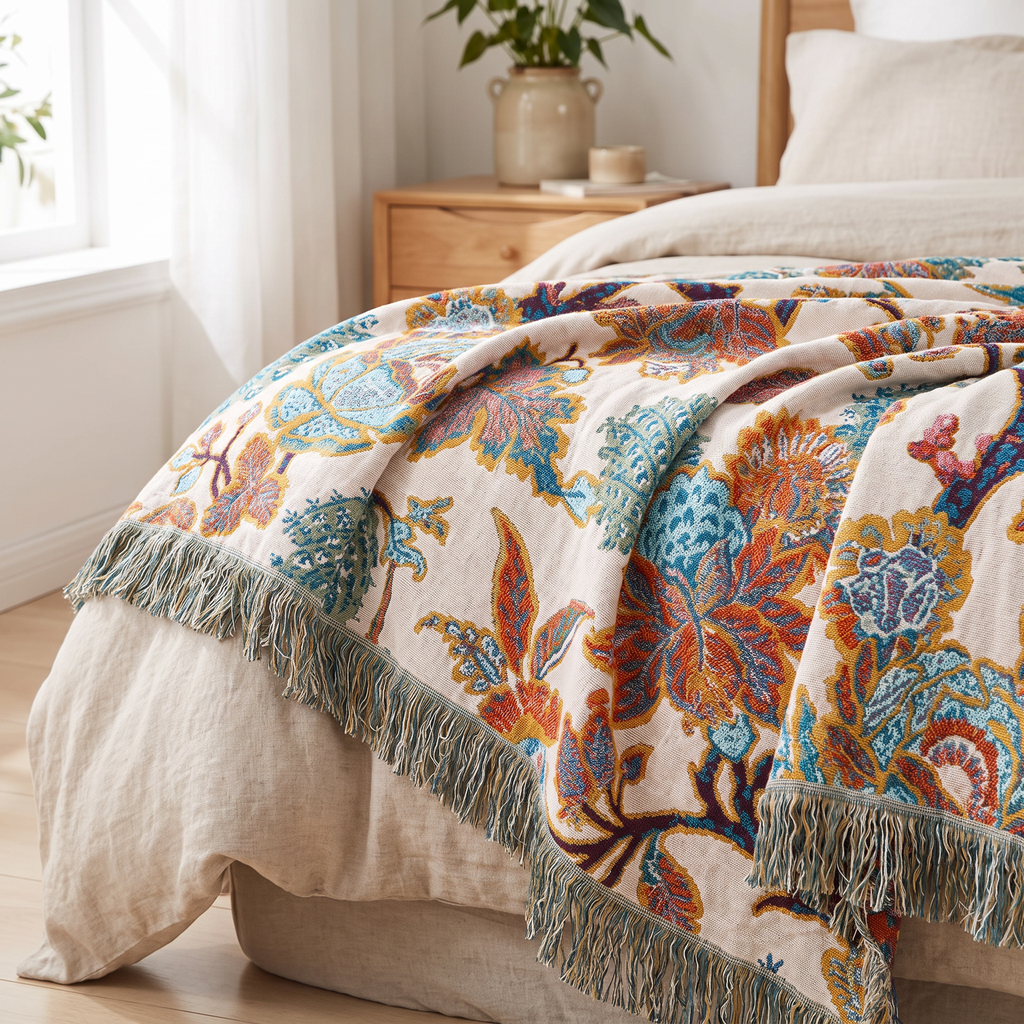 Jacobean Floral Woven Cotton Blanket - lifestyle