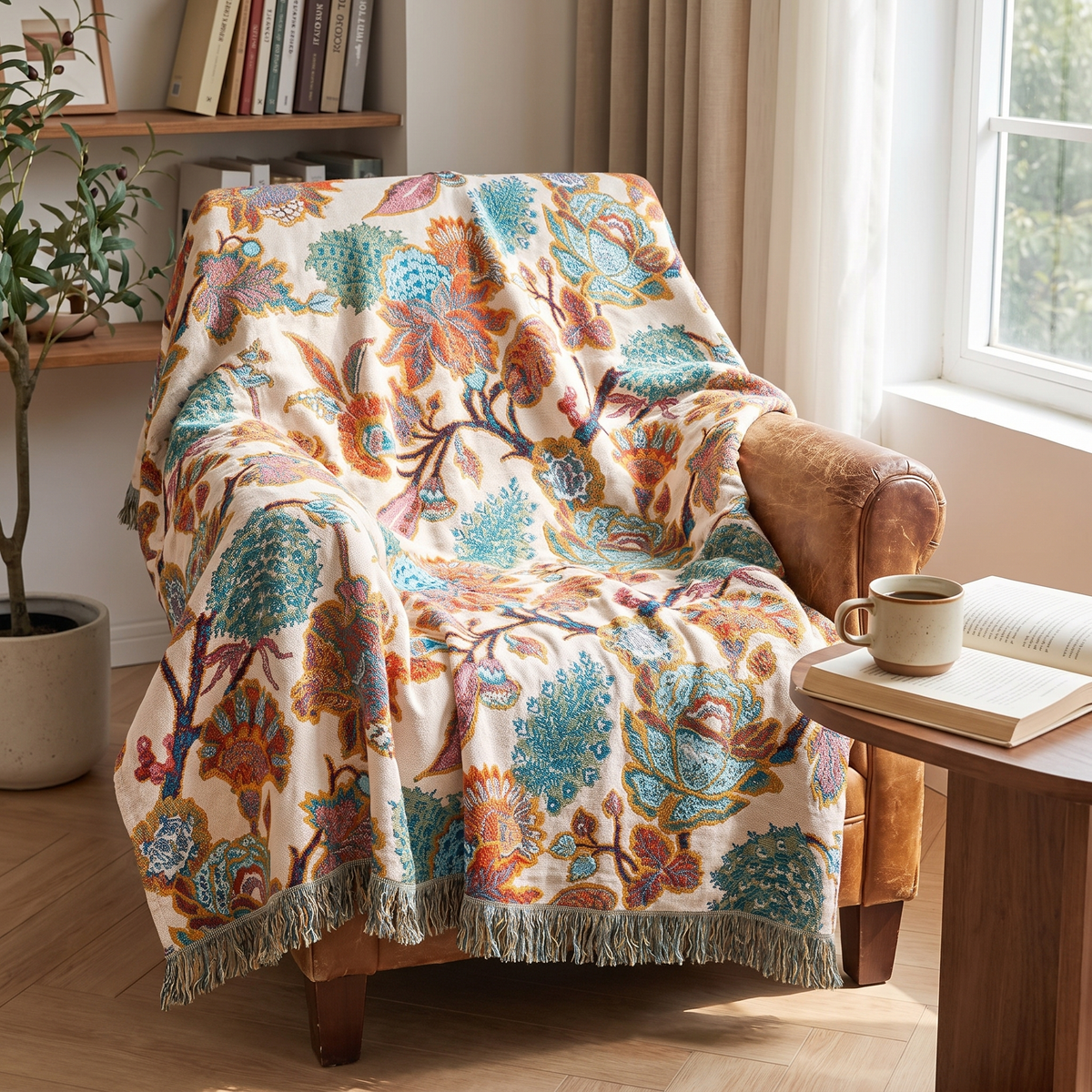 Jacobean Floral Woven Cotton Blanket - lifestyle