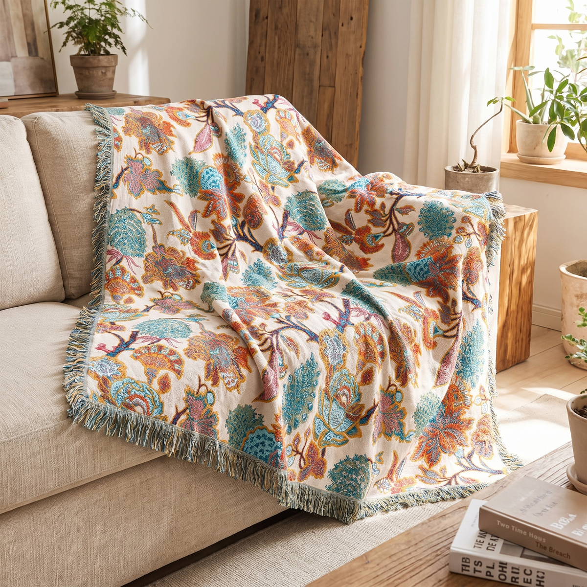 Jacobean Floral Woven Cotton Blanket - lifestyle