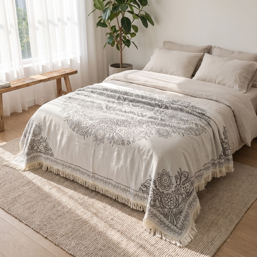 Line-Art Medallion Reversible Woven Cotton Jacquard Blanket - lifestyle