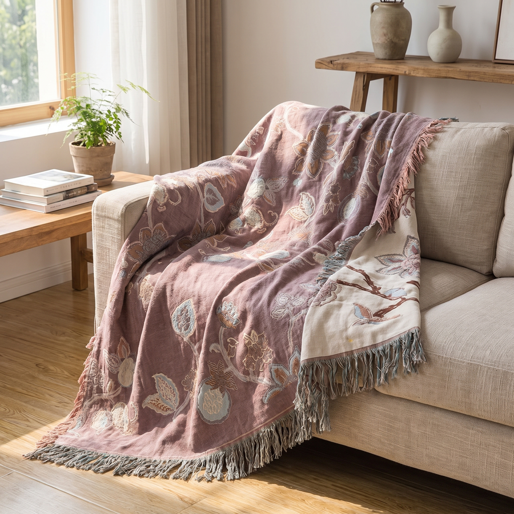 Trailing Orchid Jacquard Cotton Bed Blanket with Tassels - lifestyle