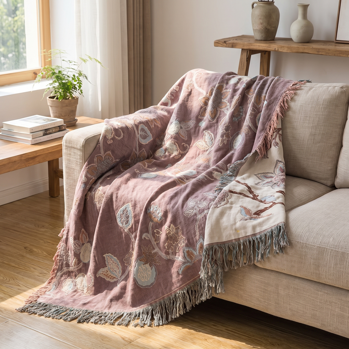Trailing Orchid Jacquard Cotton Bed Blanket with Tassels - lifestyle