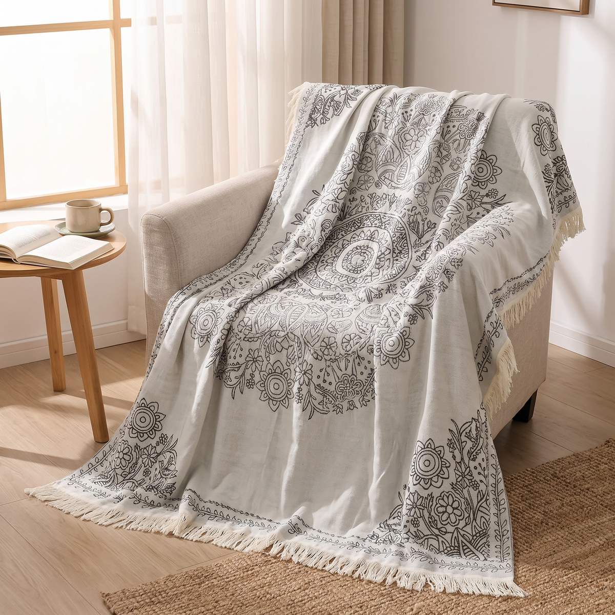Line-Art Medallion Reversible Woven Cotton Jacquard Blanket - lifestyle