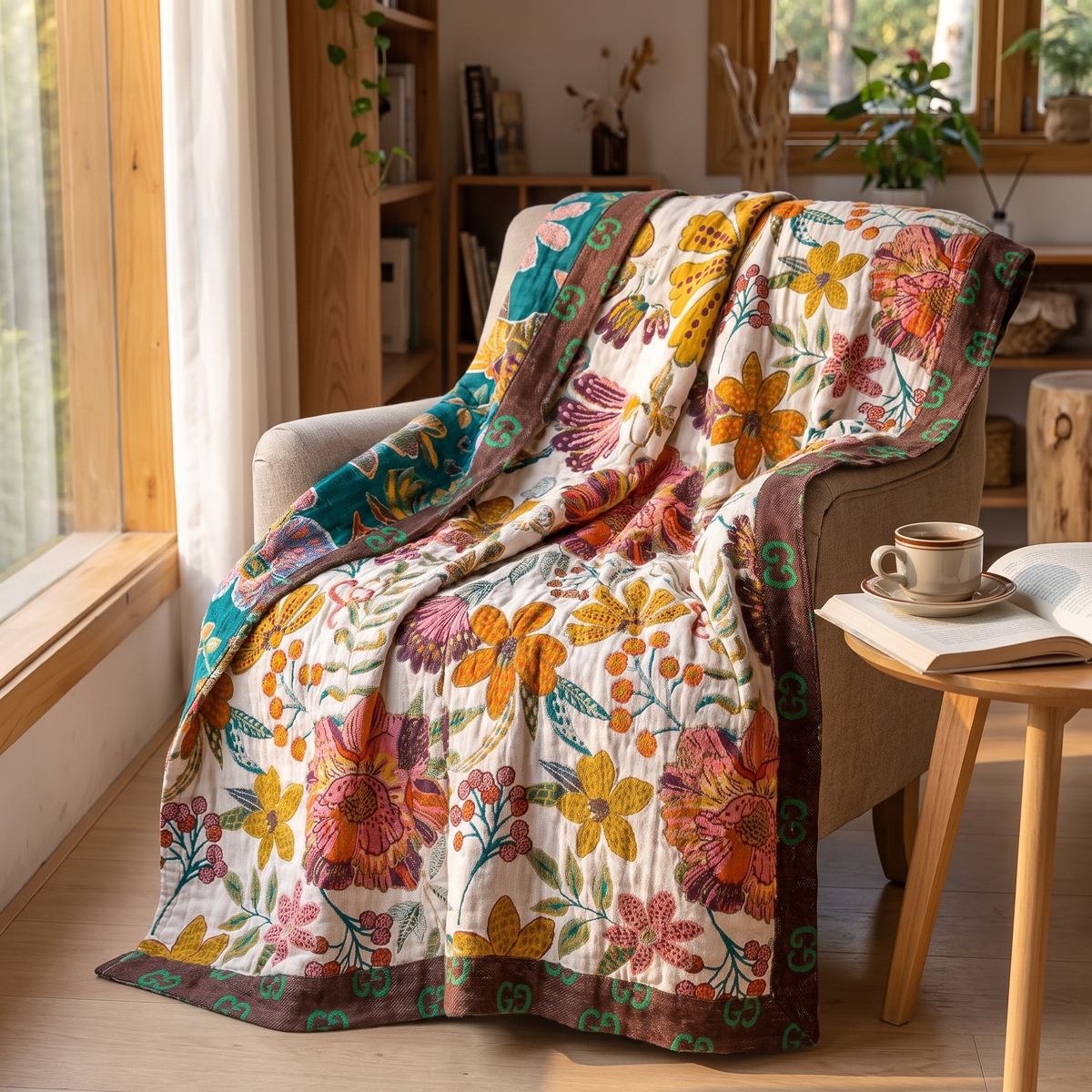 Scroll-Border Floral Reversible Jacquard Cotton Throw - lifestyle