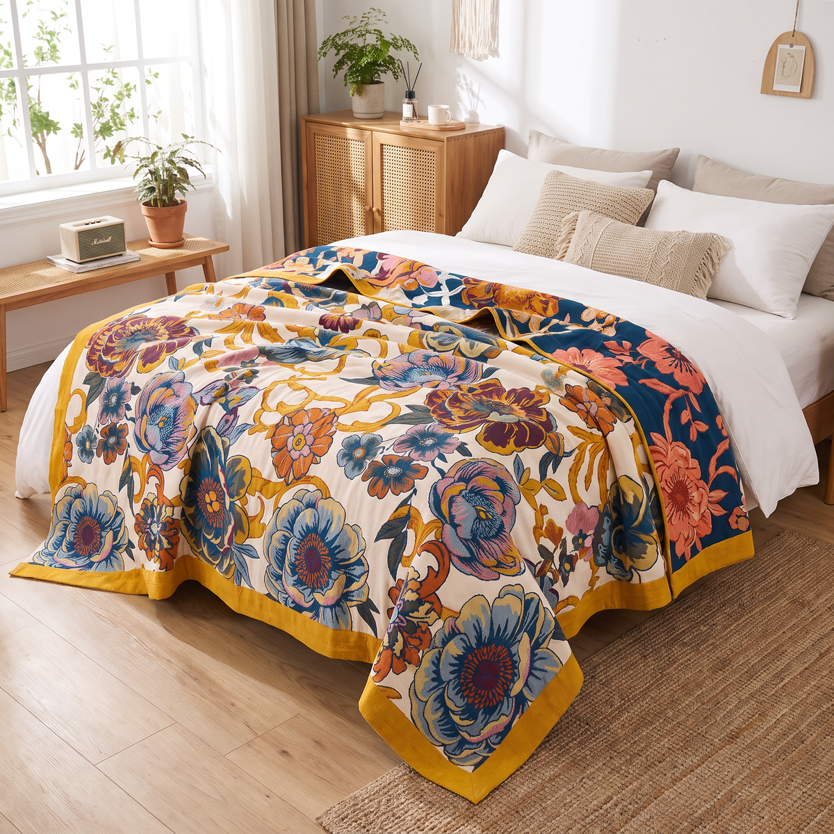 Navy & Mustard Peony Reversible Cotton Blanket - lifestyle