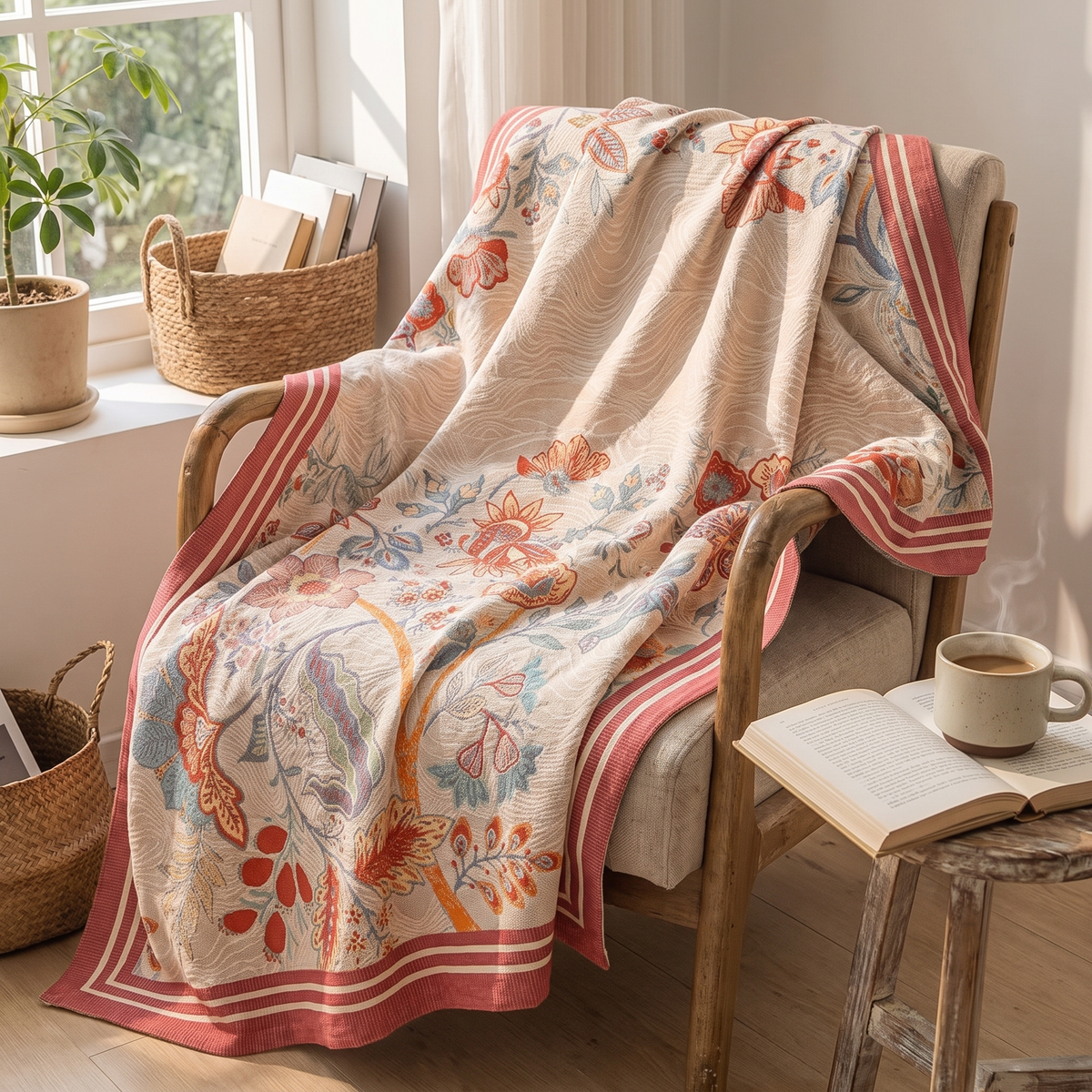 Coral Vine Floral Reversible Jacquard Cotton Blanket - lifestyle