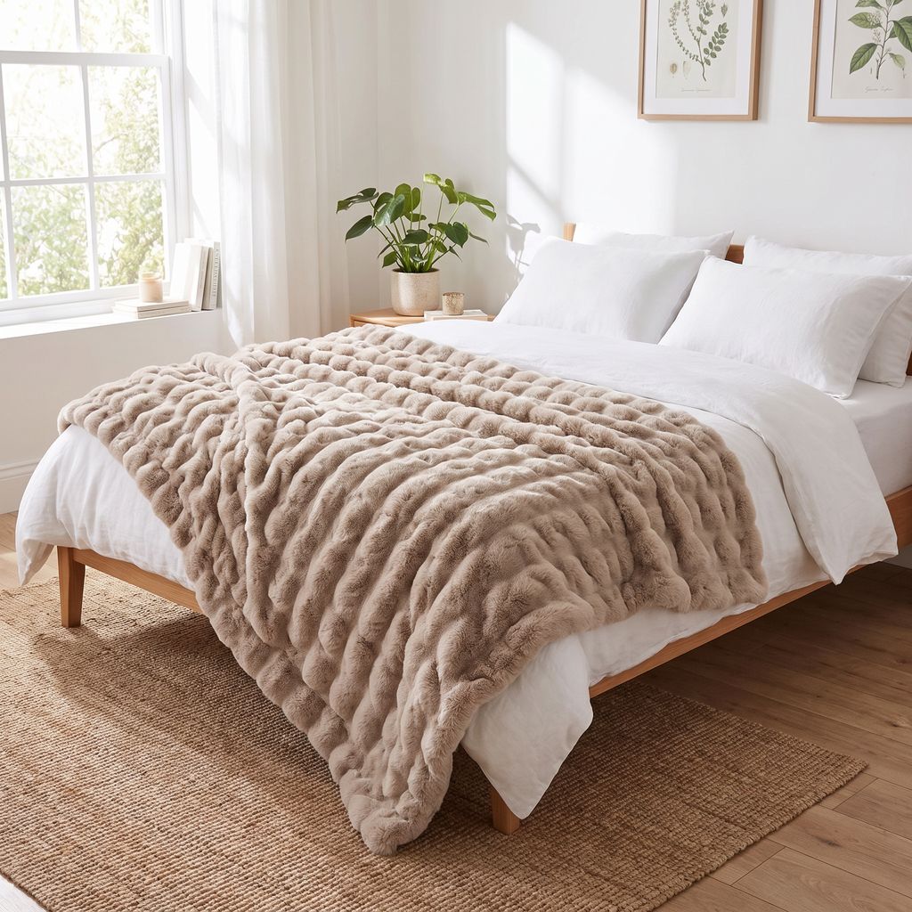 Ruched Faux Rabbit Fur Double-Lined Throw - lifestyle