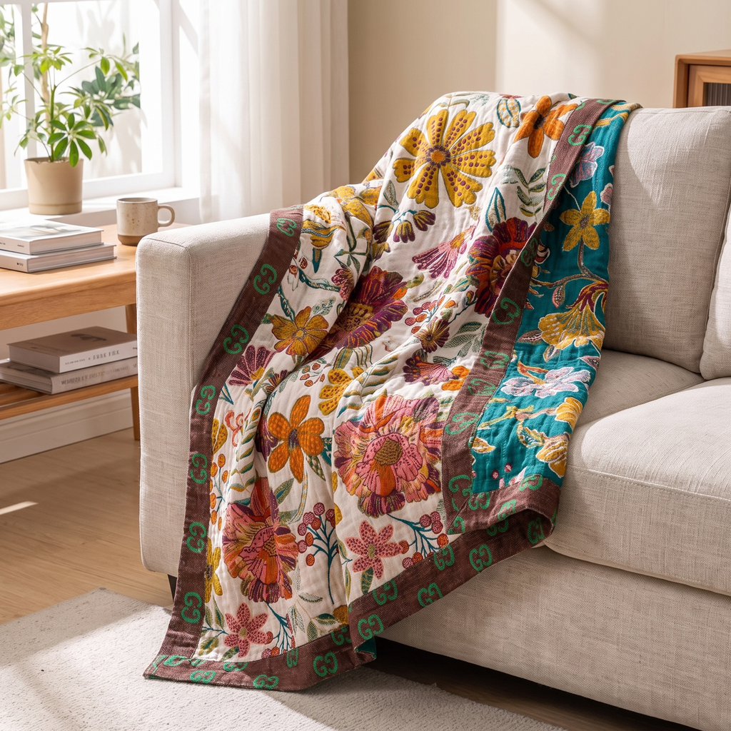 Scroll-Border Floral Reversible Jacquard Cotton Throw - lifestyle