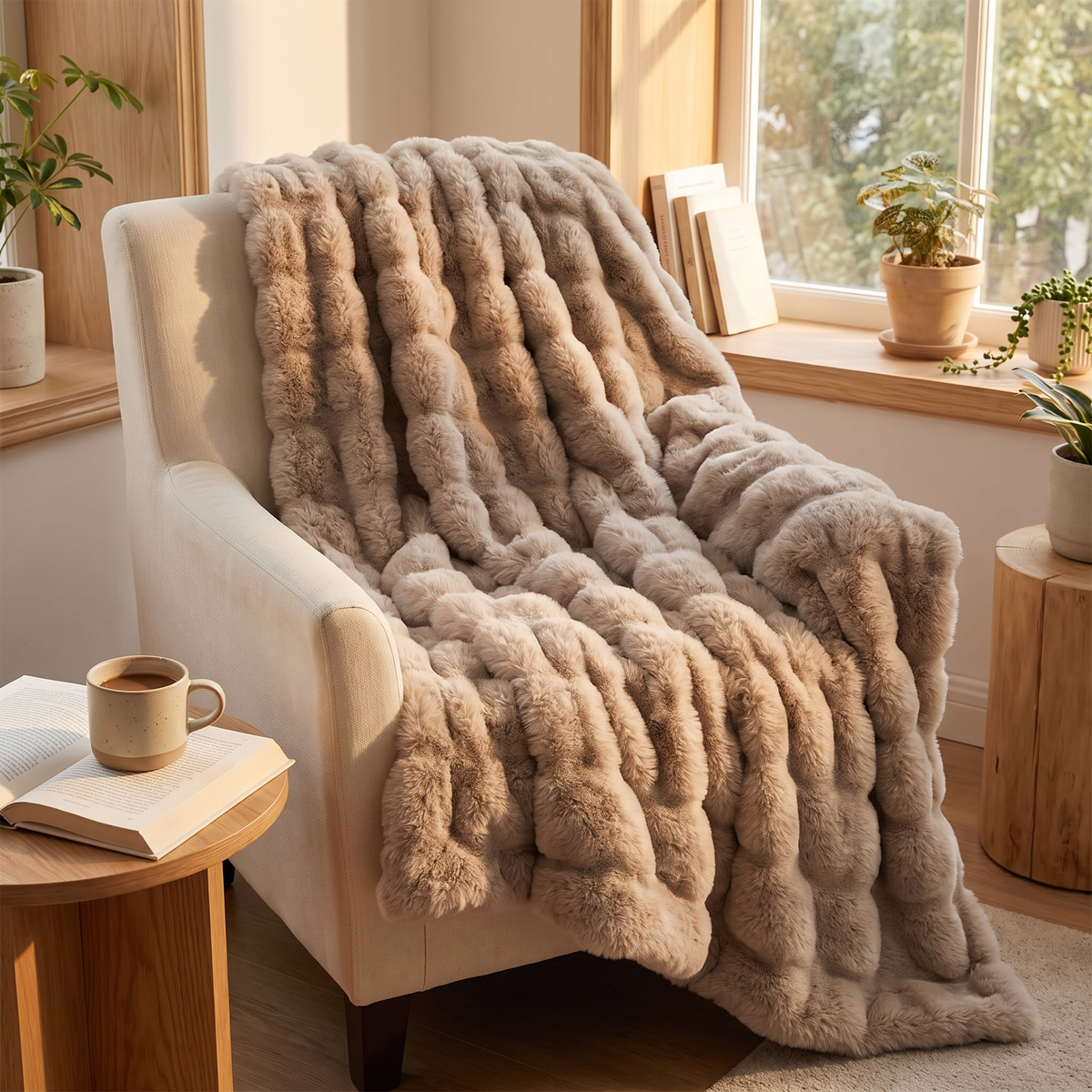Ruched Faux Rabbit Fur Double-Lined Throw - lifestyle