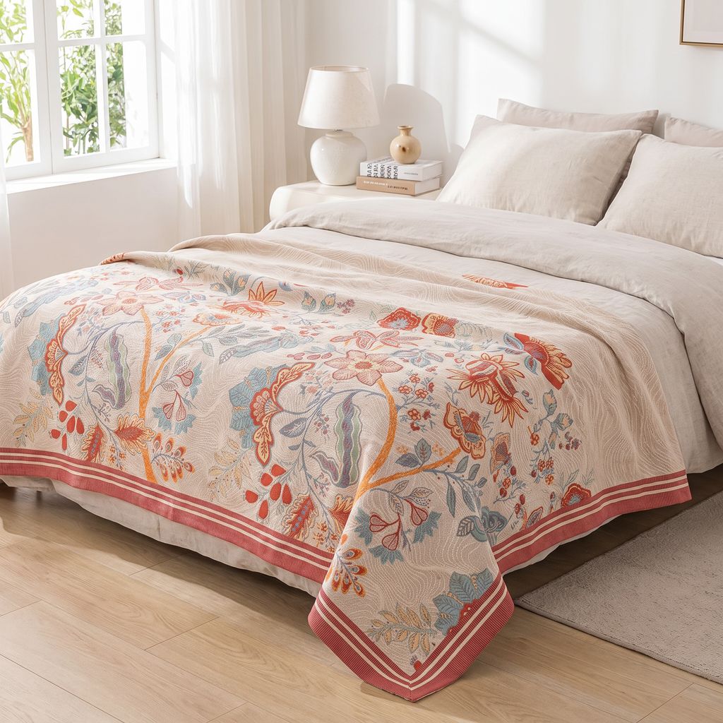 Coral Vine Floral Reversible Jacquard Cotton Blanket - lifestyle
