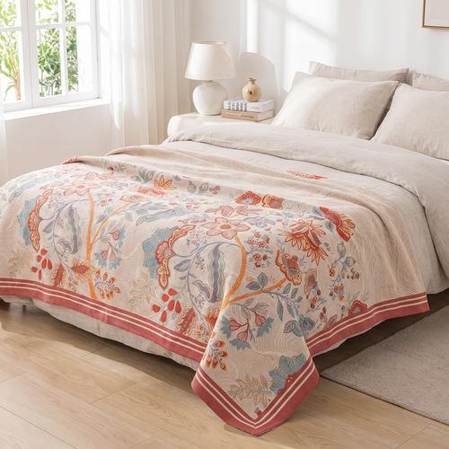 Coral Vine Floral Reversible Jacquard Cotton Blanket - lifestyle
