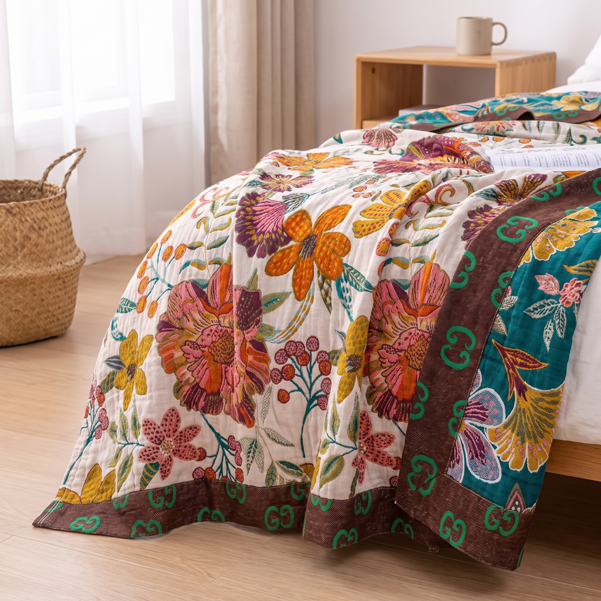 Scroll-Border Floral Reversible Jacquard Cotton Throw - lifestyle