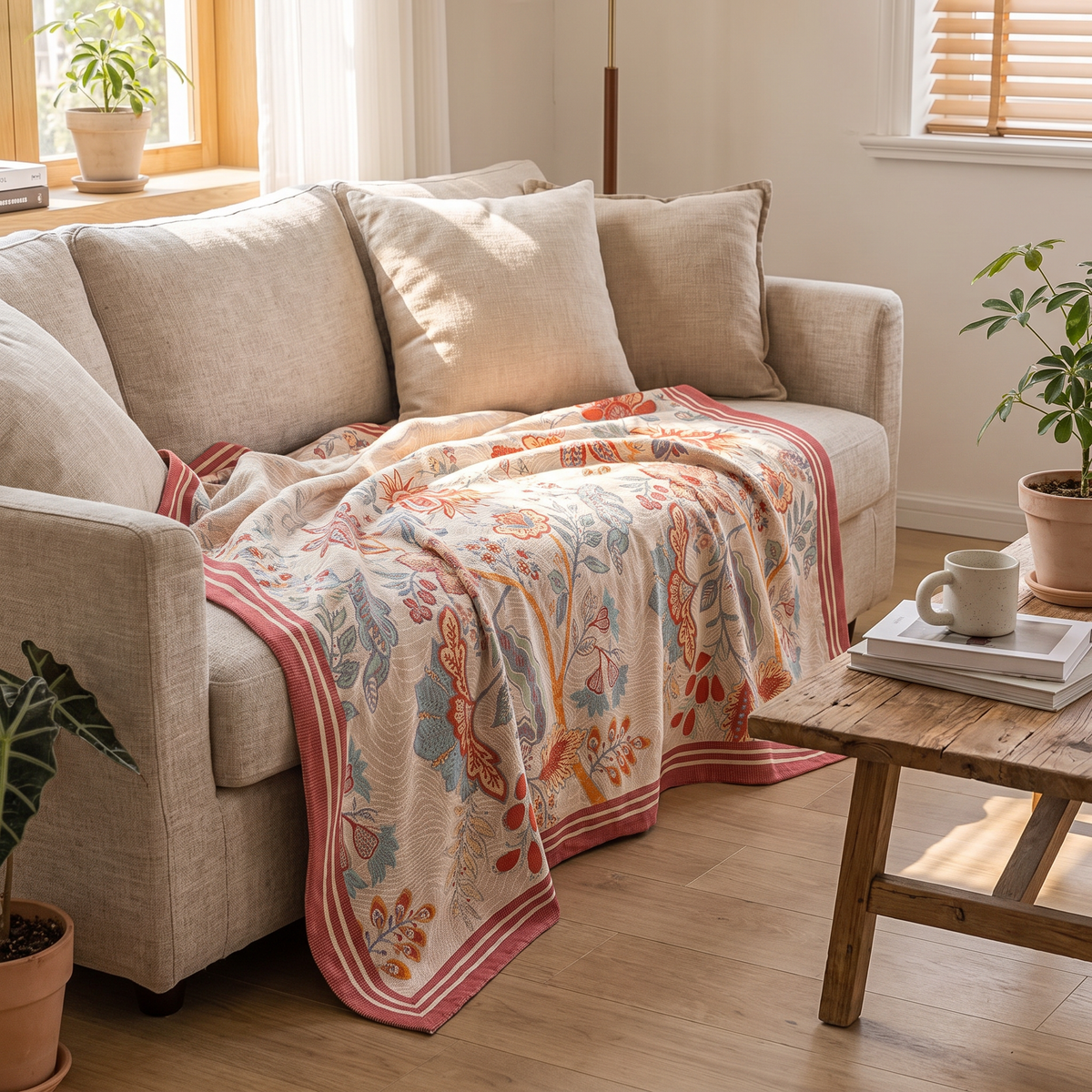 Coral Vine Floral Reversible Jacquard Cotton Blanket - lifestyle