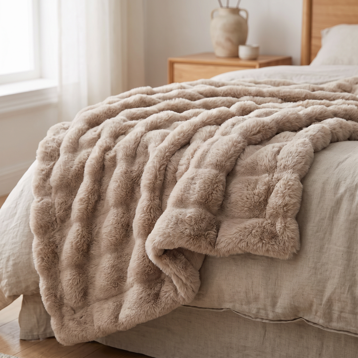 Ruched Faux Rabbit Fur Double-Lined Throw - lifestyle