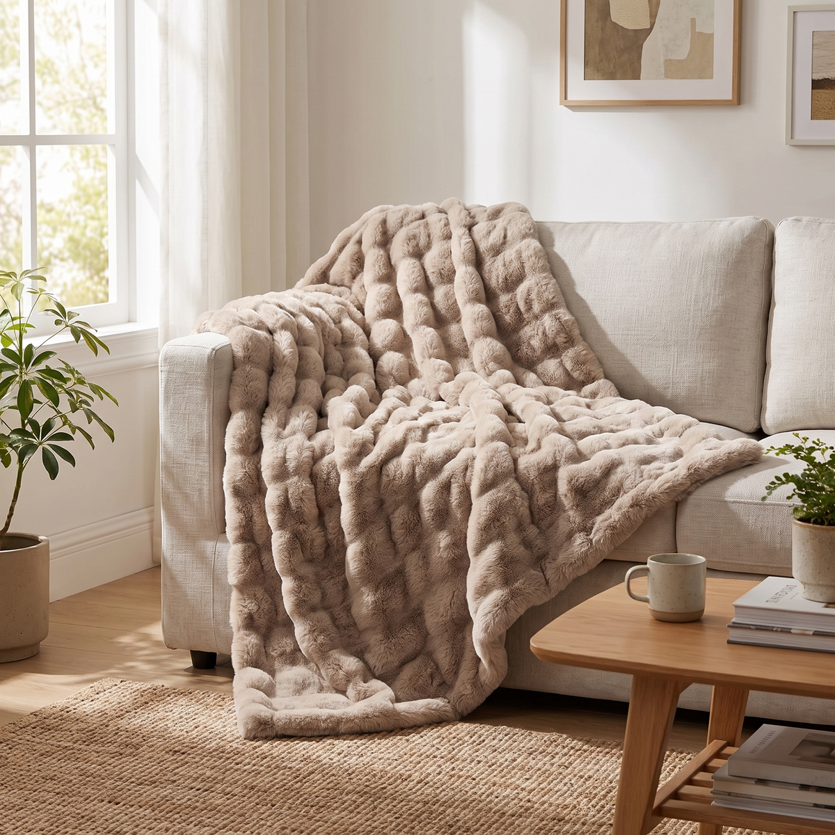 Ruched Faux Rabbit Fur Double-Lined Throw - lifestyle