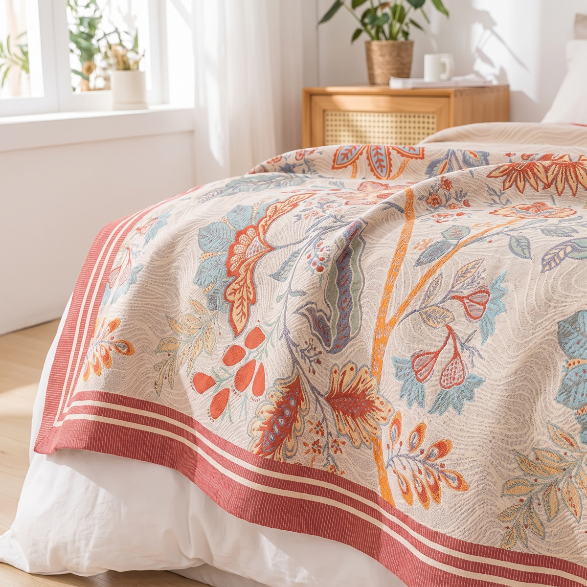 Coral Vine Floral Reversible Jacquard Cotton Blanket - lifestyle