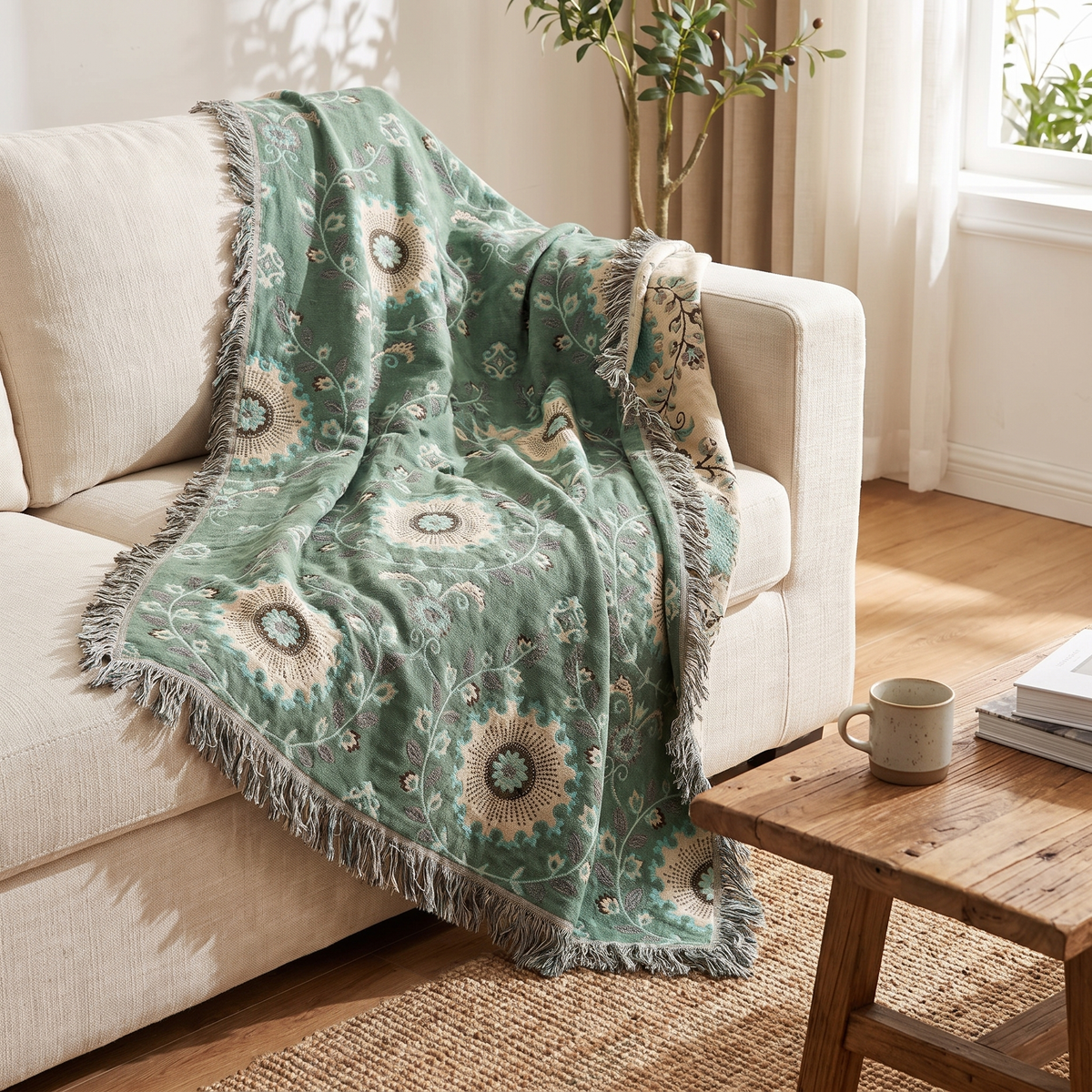 Retro Sunflower Mandala Reversible Cotton Blanket - lifestyle