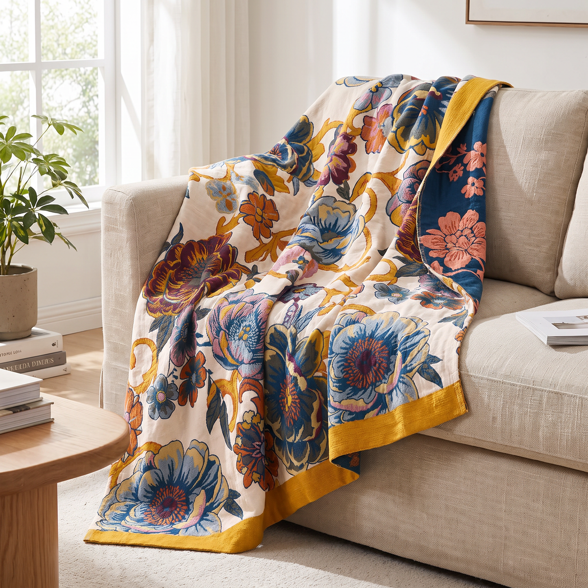 Navy & Mustard Peony Reversible Cotton Blanket - lifestyle