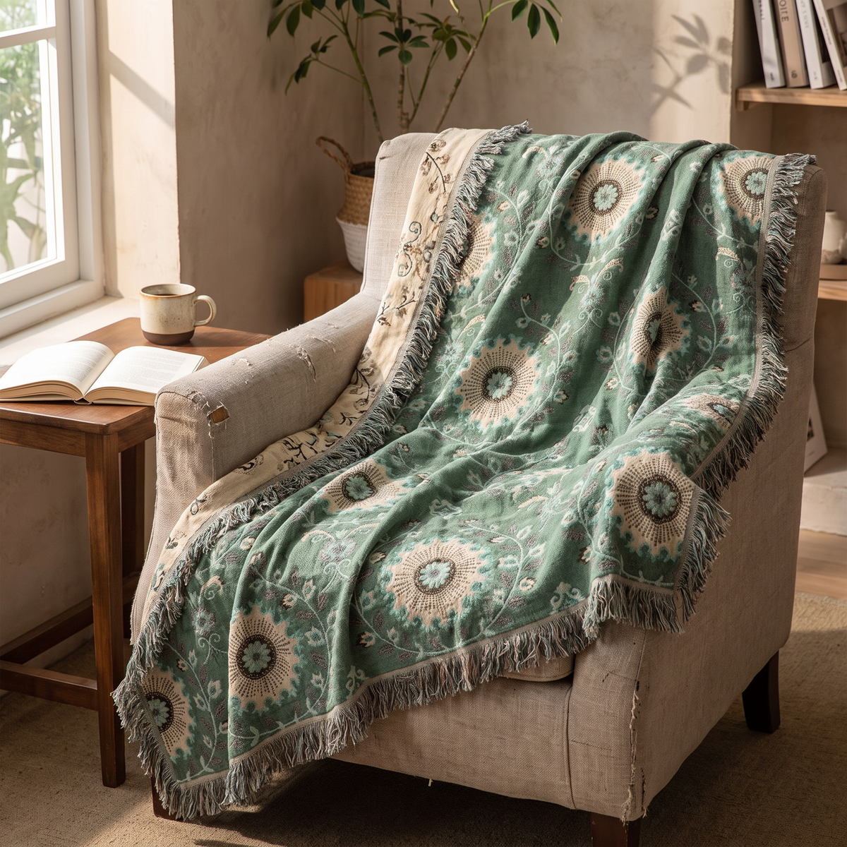 Retro Sunflower Mandala Reversible Cotton Blanket - lifestyle