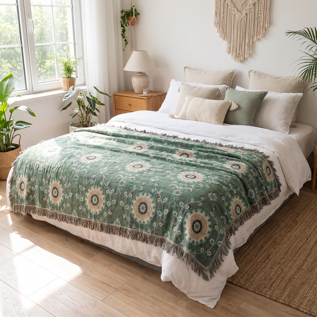 Retro Sunflower Mandala Reversible Cotton Blanket - lifestyle