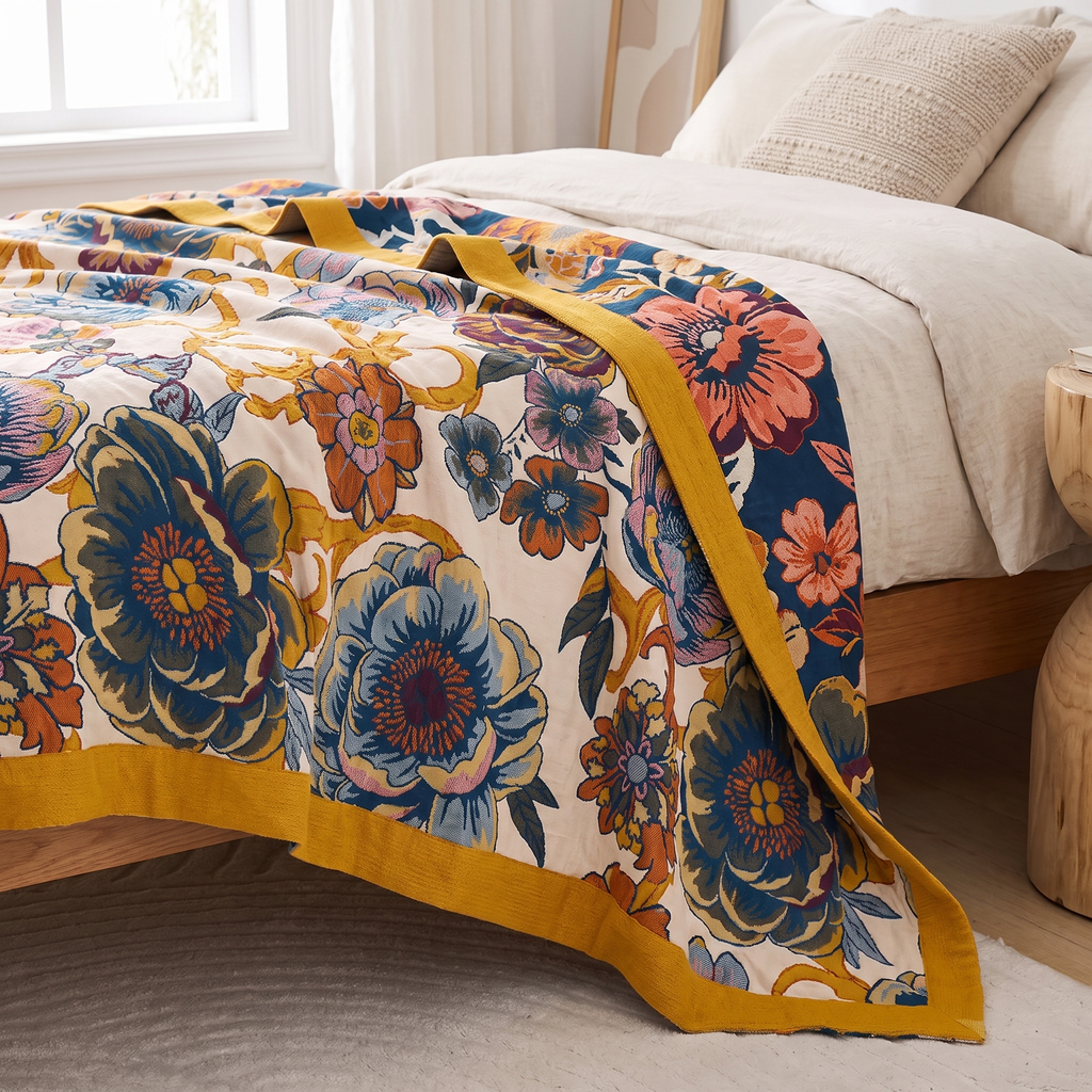 Navy & Mustard Peony Reversible Cotton Blanket - lifestyle