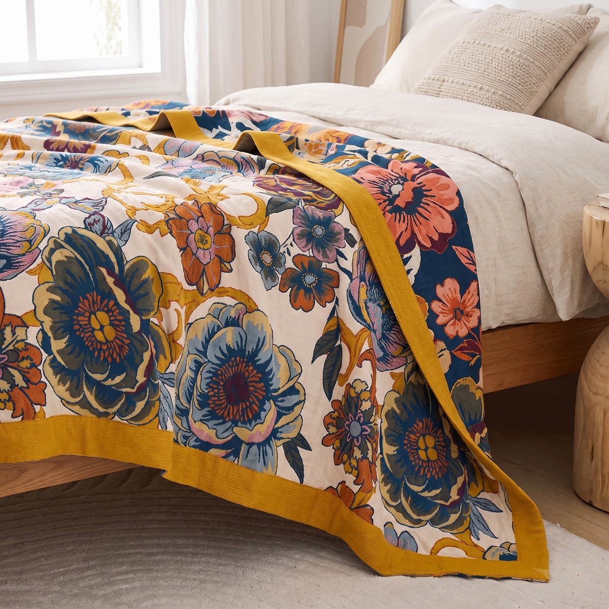 Navy & Mustard Peony Reversible Cotton Blanket - lifestyle